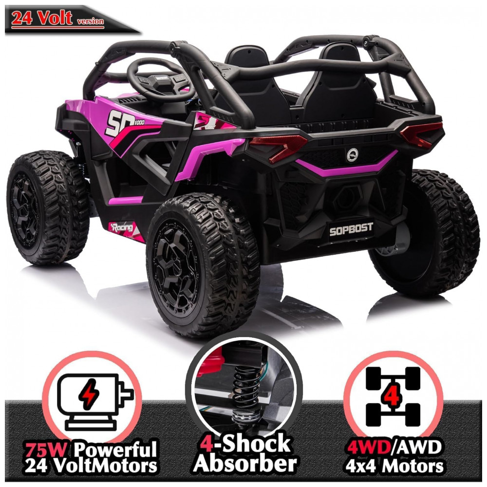 ECTQH3PWQ1BD0B_6-1.jpg - Carrinho Elétrico Infantil 4x4 Sopbost XL 24V 10Ah 2 Lugares 4 Motores 75W Controle Remoto Suspensão Molas Bluetooth Rosa