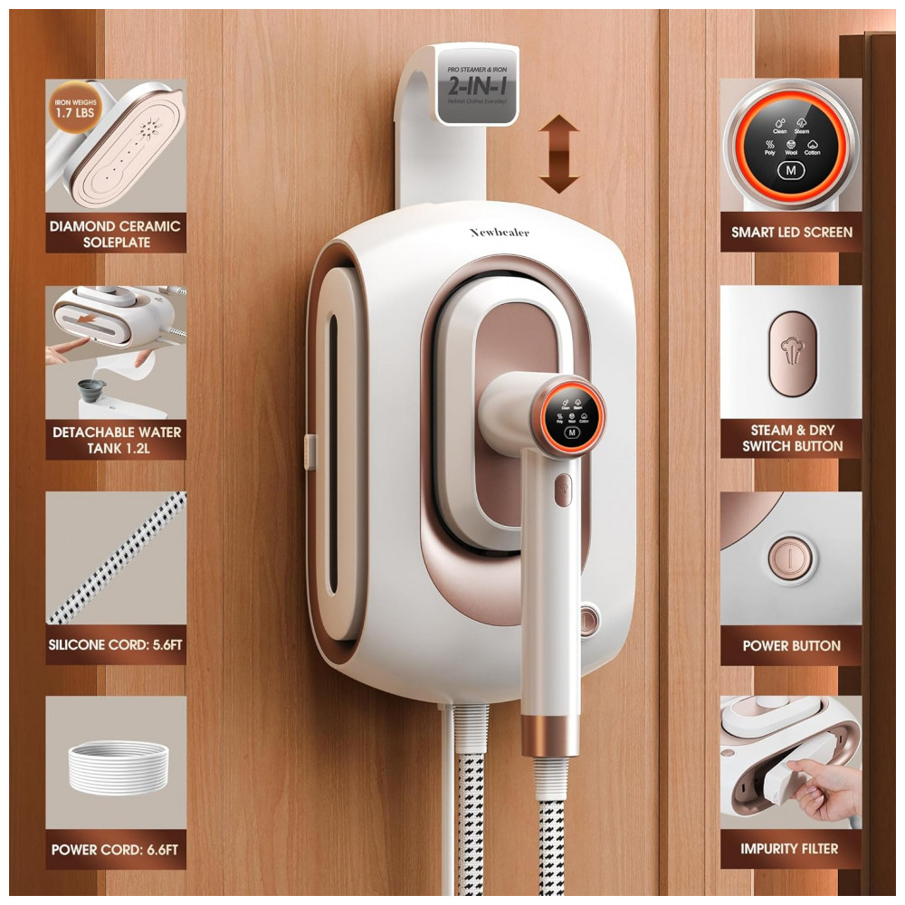 ECTQHH4NYYKC0B_3-1.jpg - Steamer, Passadeira e Vaporizador Newbealer 2 em 1 Pro, 1550W, Reservatório de 1.2L,