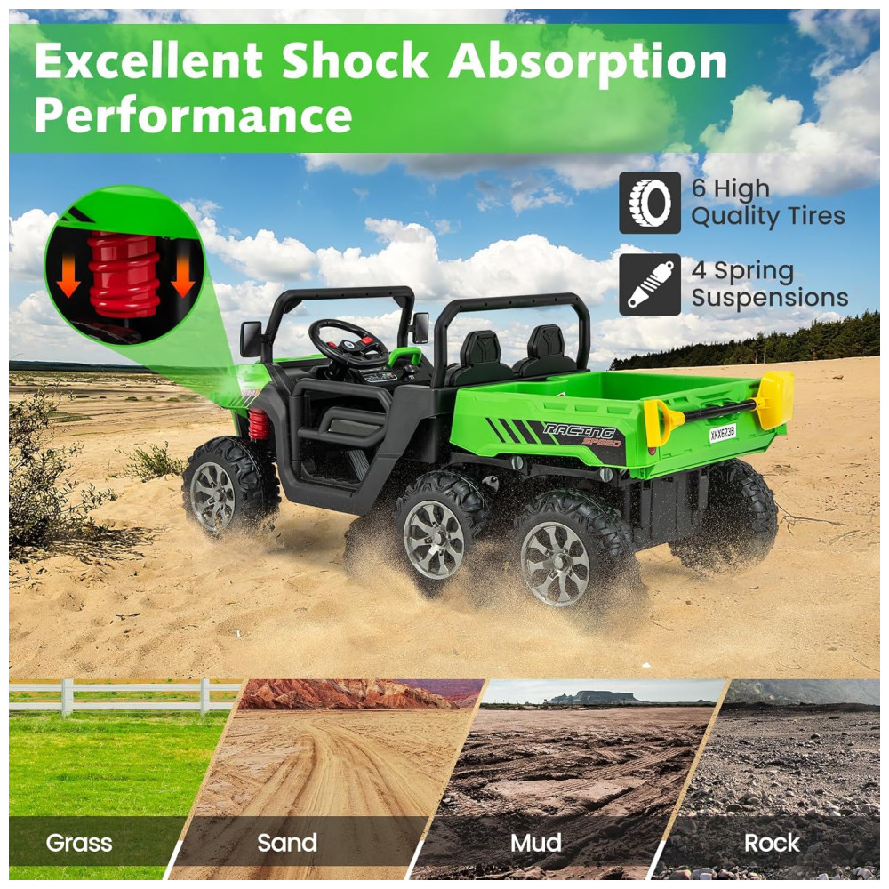 ECTQHTYCN13D0B_1-1.jpg - Caminhão Basculante Elétrico Infantil OLAKIDS Verde 24V 2 Lugares 4WD 6x6 Caçamba Elétrica Suspensão Controle Remoto 4x90W