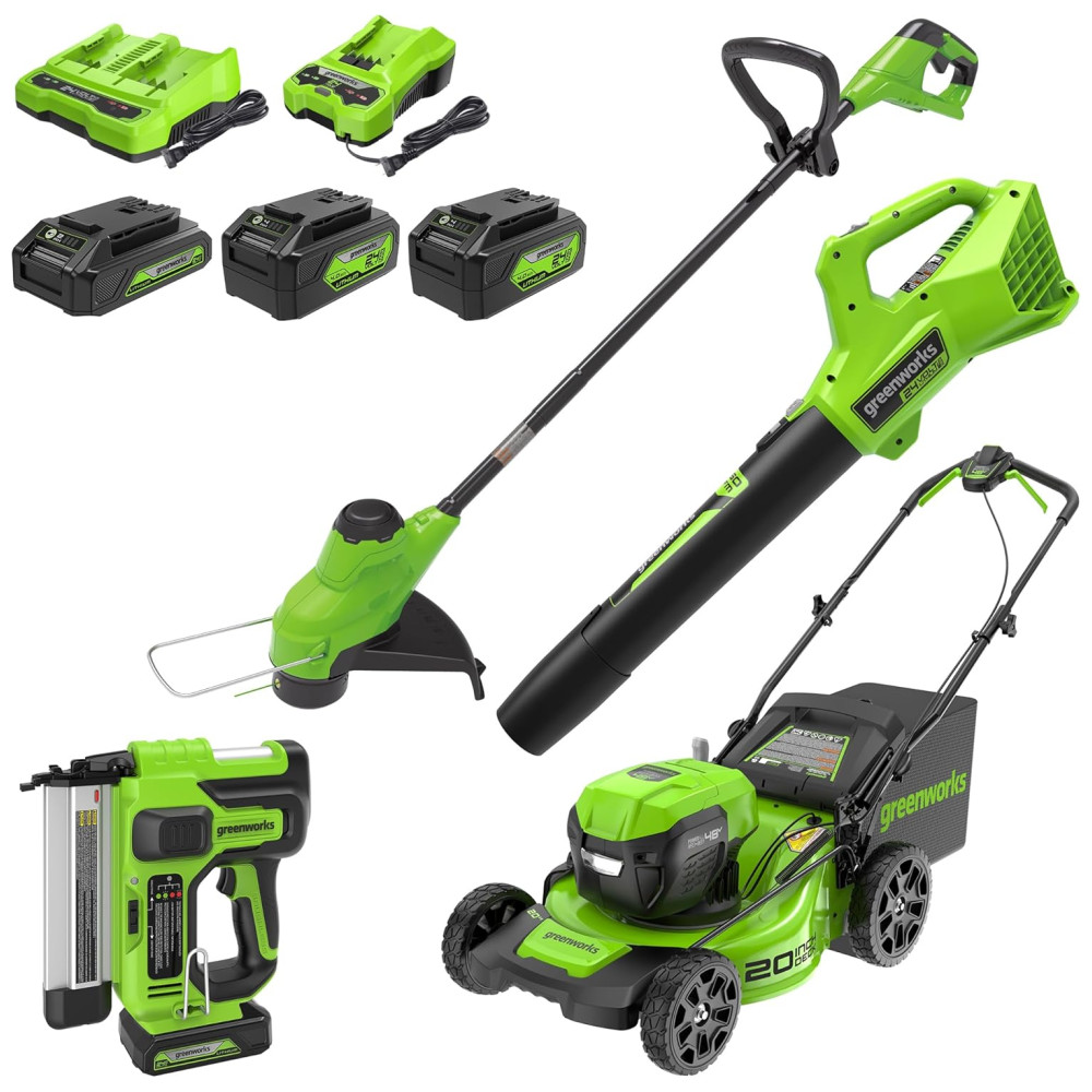 Greenworks 48V 2x24V AllinOne Cordless Combo: Cortador de Grama, Aparador de Grama, Soprador de Folhas e Grampeador de Coroa 18 GA