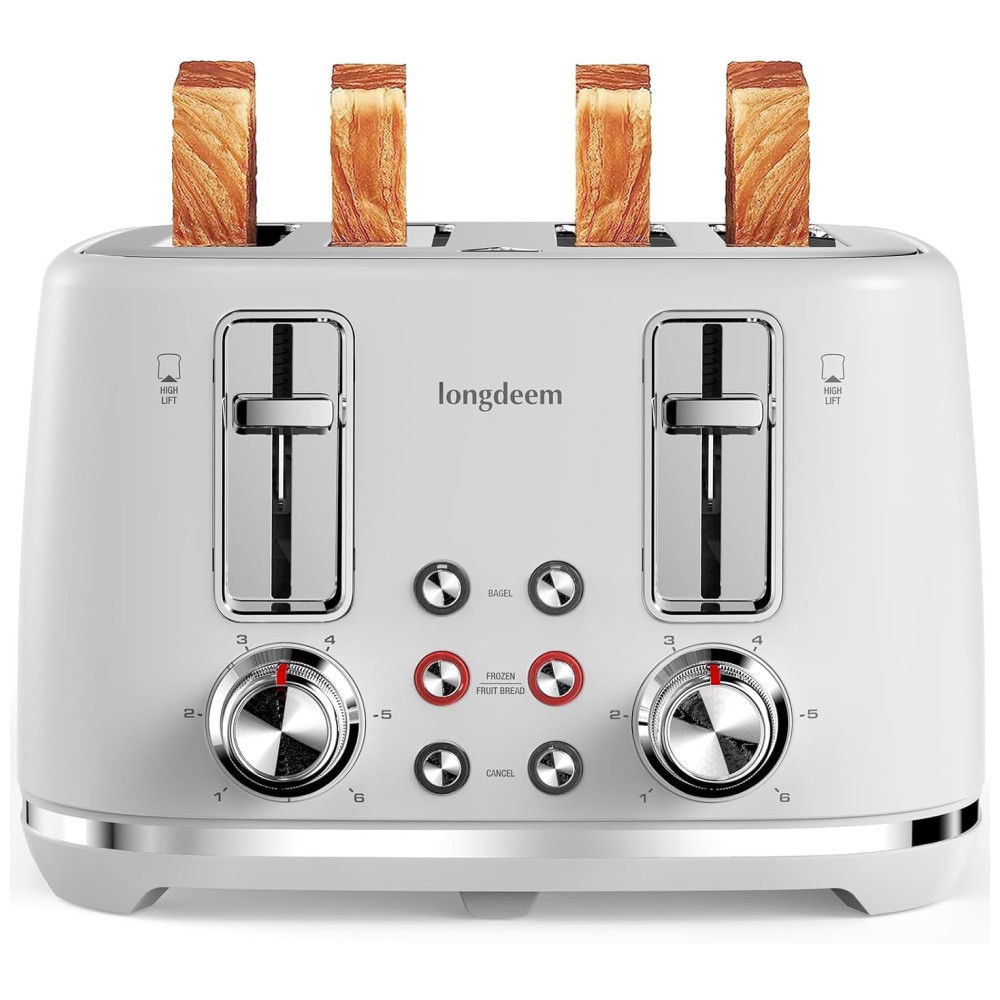 Torradeira Retrô 4 Fatias com Desligamento Automático e 6 Níveis de Tostagem, 110V 1500W, LONGDEEM, Branca