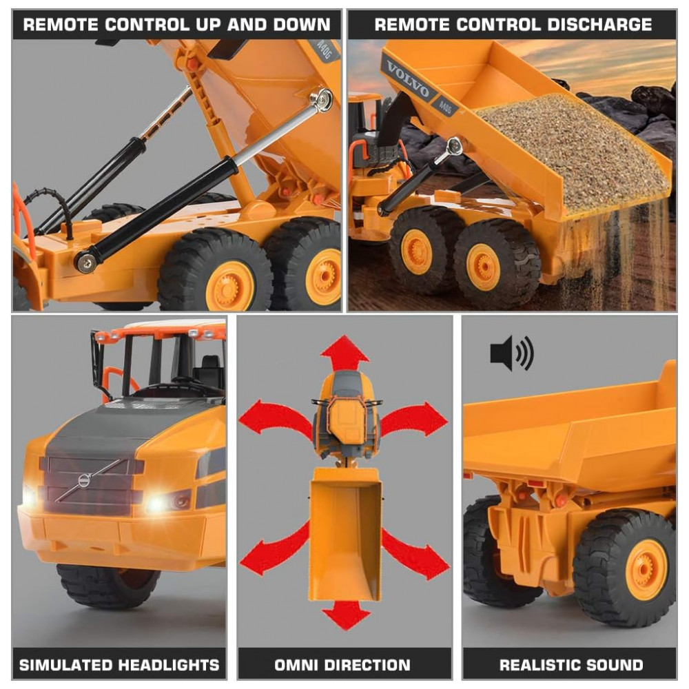 ECTQJ24CLY680B_3-1.jpg - Caminhão Basculante de Controle Remoto DOUBLE E Volvo para Crianças, Articulado, Brinquedo de Construção com Luzes, Presente de Aniversário