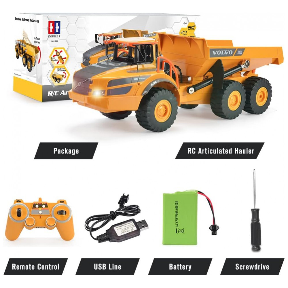 ECTQJ24CLY680B_7-1.jpg - Caminhão Basculante de Controle Remoto DOUBLE E Volvo para Crianças, Articulado, Brinquedo de Construção com Luzes, Presente de Aniversário