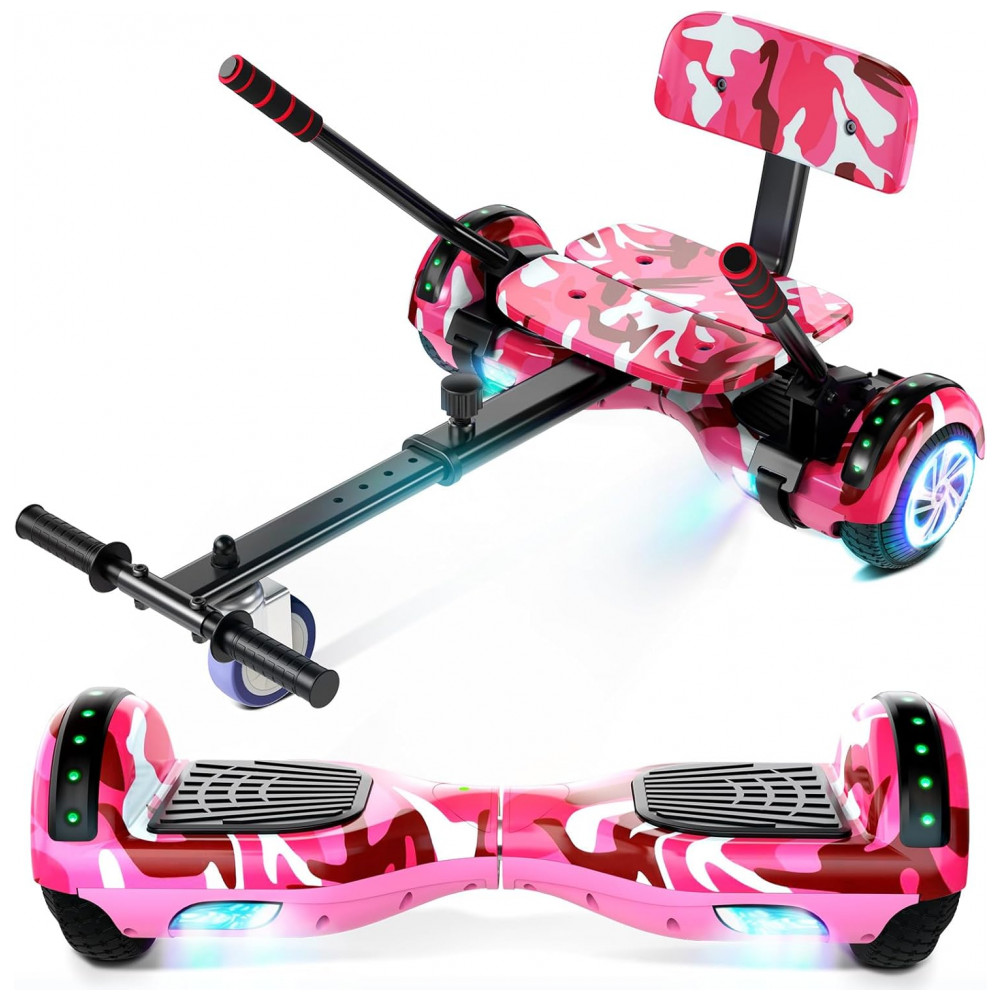 Scooter de Equilíbrio com Assento para Crianças e Adultos, 6,5” e 8,5” com Bluetooth, Luzes LED Coloridas e Kart – Camuflado Rosa