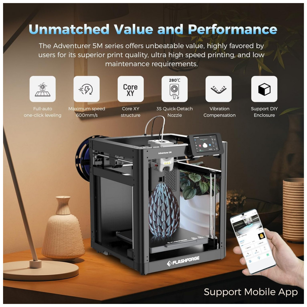 ECTQJ6LYN4HC0B_1-1.jpg - Impressora 3D FLASHFORGE Adventurer 5M com Nivelamento Automático, Impressão de Alta Velocidade até 600mm/s, Extrusora Direta a 280°C com Bocal Destac