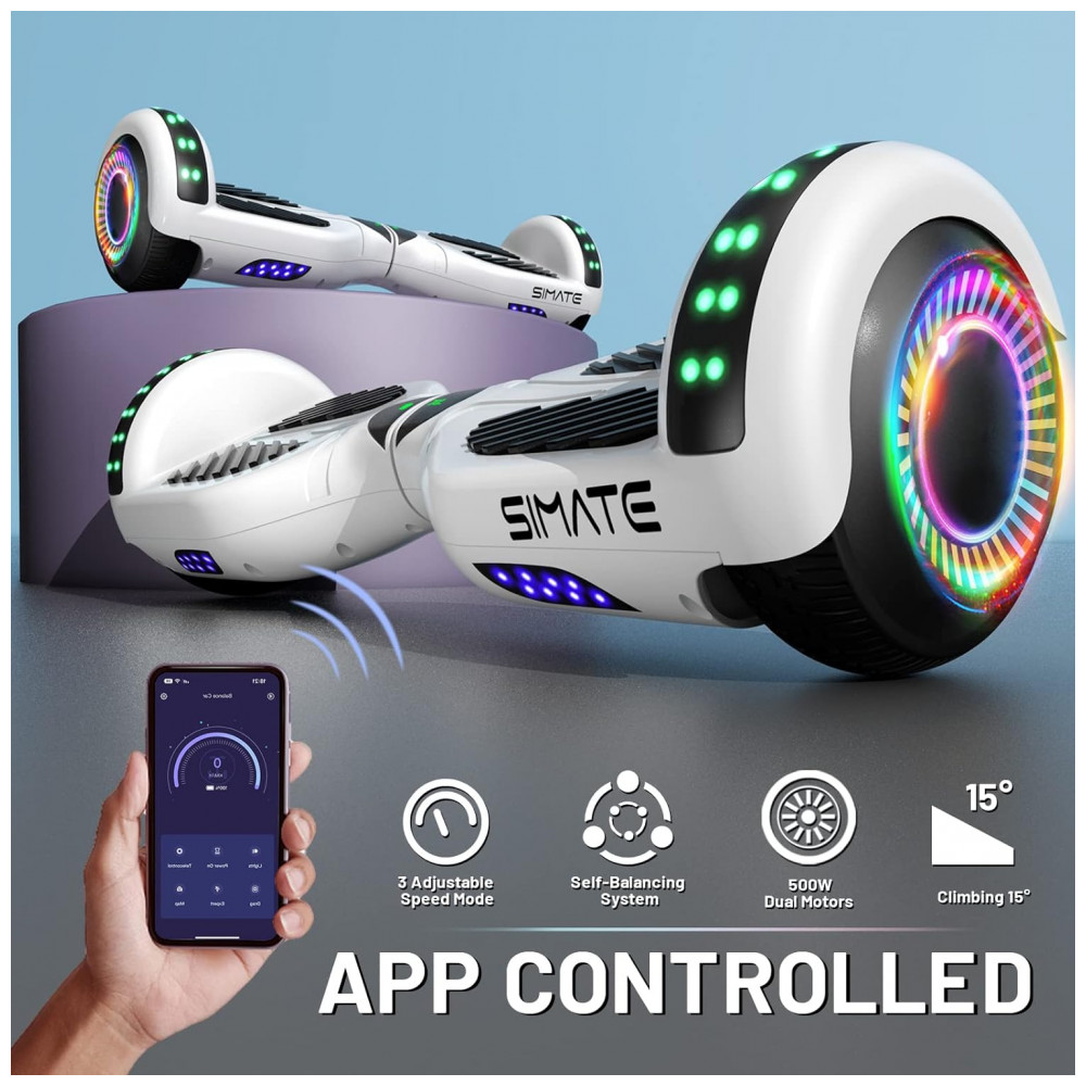 ECTQJ6VG1BR90B_2-1.jpg - Hoverboard SIMATE Branco Todo Terreno com Bluetooth Luzes de LED e Controle por APP – Crianças e Adultos