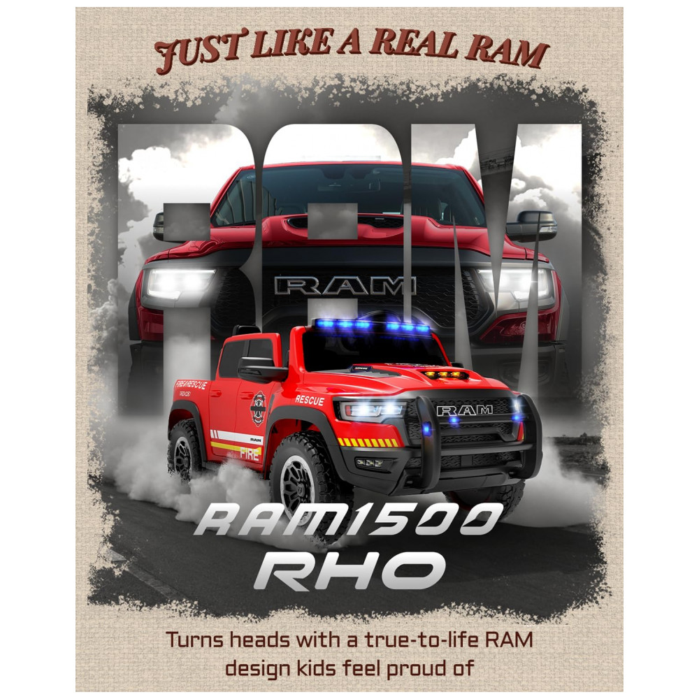ECTQJ7FCJFCF0B_1-1.jpg - Carro Elétrico Infantil Caminhão de Bombeiros RAM 1500 24V Vermelho 2 Lugares com Controle Remoto, Sirene e Luzes Piscantes