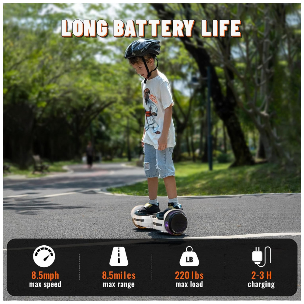 ECTQJ9XGDNSB0B_3-1.jpg - Hoverboard SIMATE com Luzes de LED Coloridas, Alto-falantes Bluetooth e App, Motores Duplos de 250W, Velocidade Máxima de 13,7 km/h