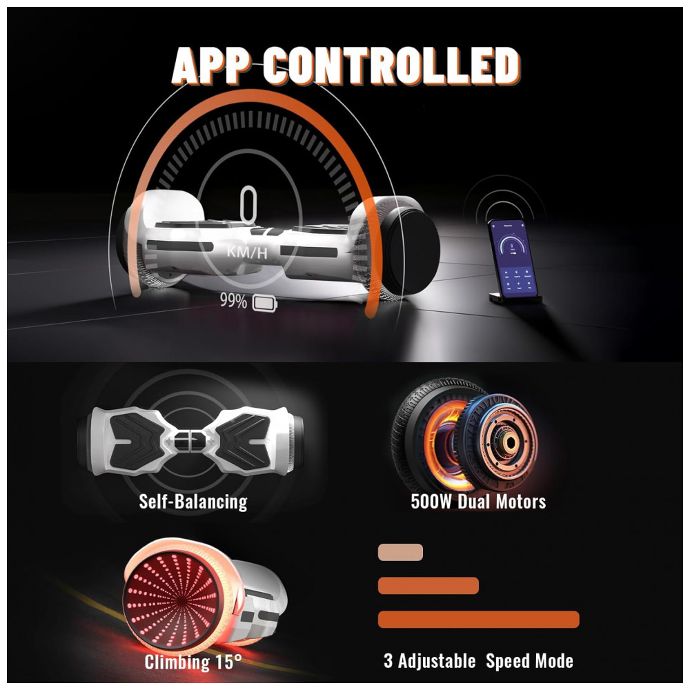 ECTQJ9XGDNSB0B_4-1.jpg - Hoverboard SIMATE com Luzes de LED Coloridas, Alto-falantes Bluetooth e App, Motores Duplos de 250W, Velocidade Máxima de 13,7 km/h