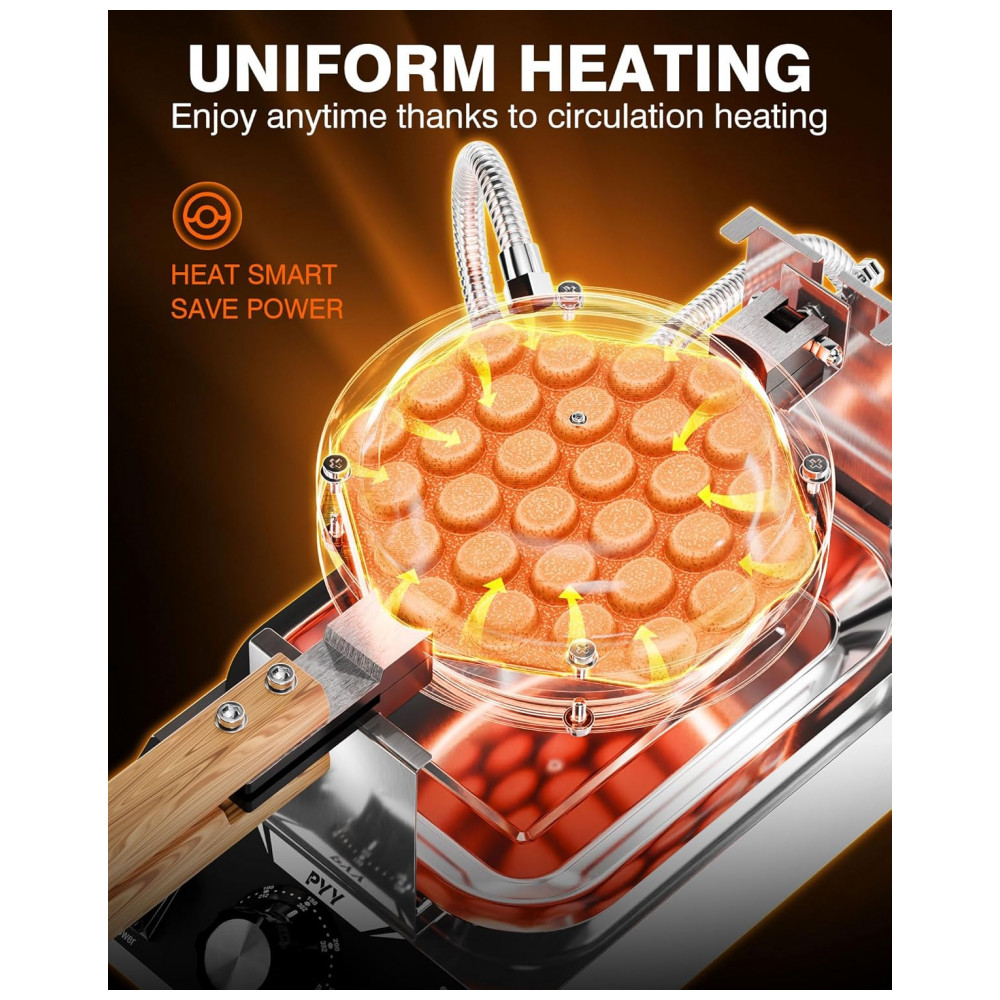 ECTQJFZ7244F0B_1-1.jpg - Máquina de Waffle de Bolhas PYY Egg Puff Comercial, 180 Rotativa, Revestimento Antiaderente, 1500W, Aço Inoxidável, 30 cones de Ovo Hexagonais Dourado