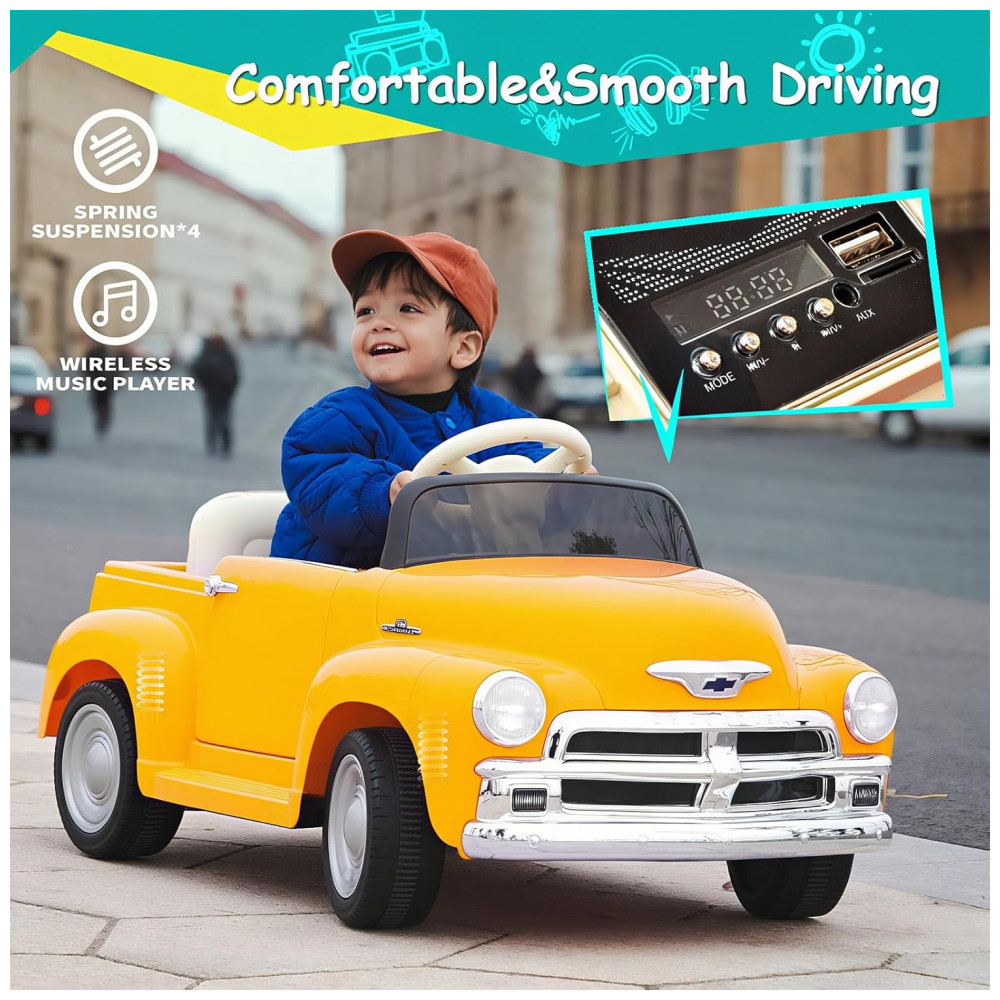 ECTQJX7RL8NC0B_1-1.jpg - Carro Elétrico Infantil Chevrolet 3100 Pickup Licenciado Joywhale 12V, 1 Lugar, 2 Motores, Controle Remoto, 3 Velocidades, Retrô, Amarelo