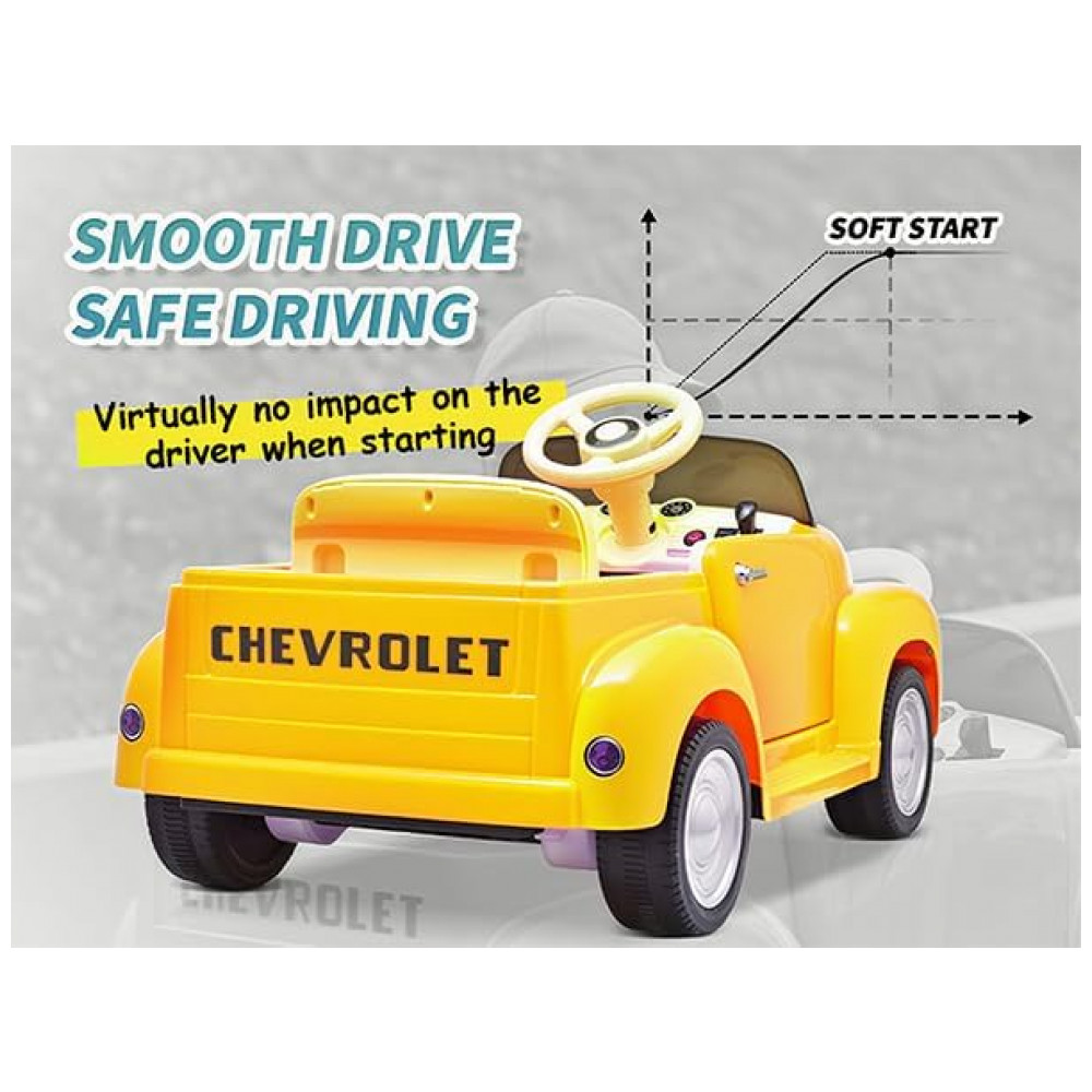 ECTQJX7RL8NC0B_2-1.jpg - Carro Elétrico Infantil Chevrolet 3100 Pickup Licenciado Joywhale 12V, 1 Lugar, 2 Motores, Controle Remoto, 3 Velocidades, Retrô, Amarelo