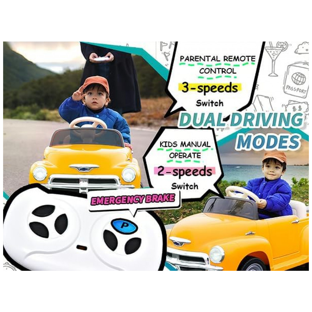 ECTQJX7RL8NC0B_3-1.jpg - Carro Elétrico Infantil Chevrolet 3100 Pickup Licenciado Joywhale 12V, 1 Lugar, 2 Motores, Controle Remoto, 3 Velocidades, Retrô, Amarelo