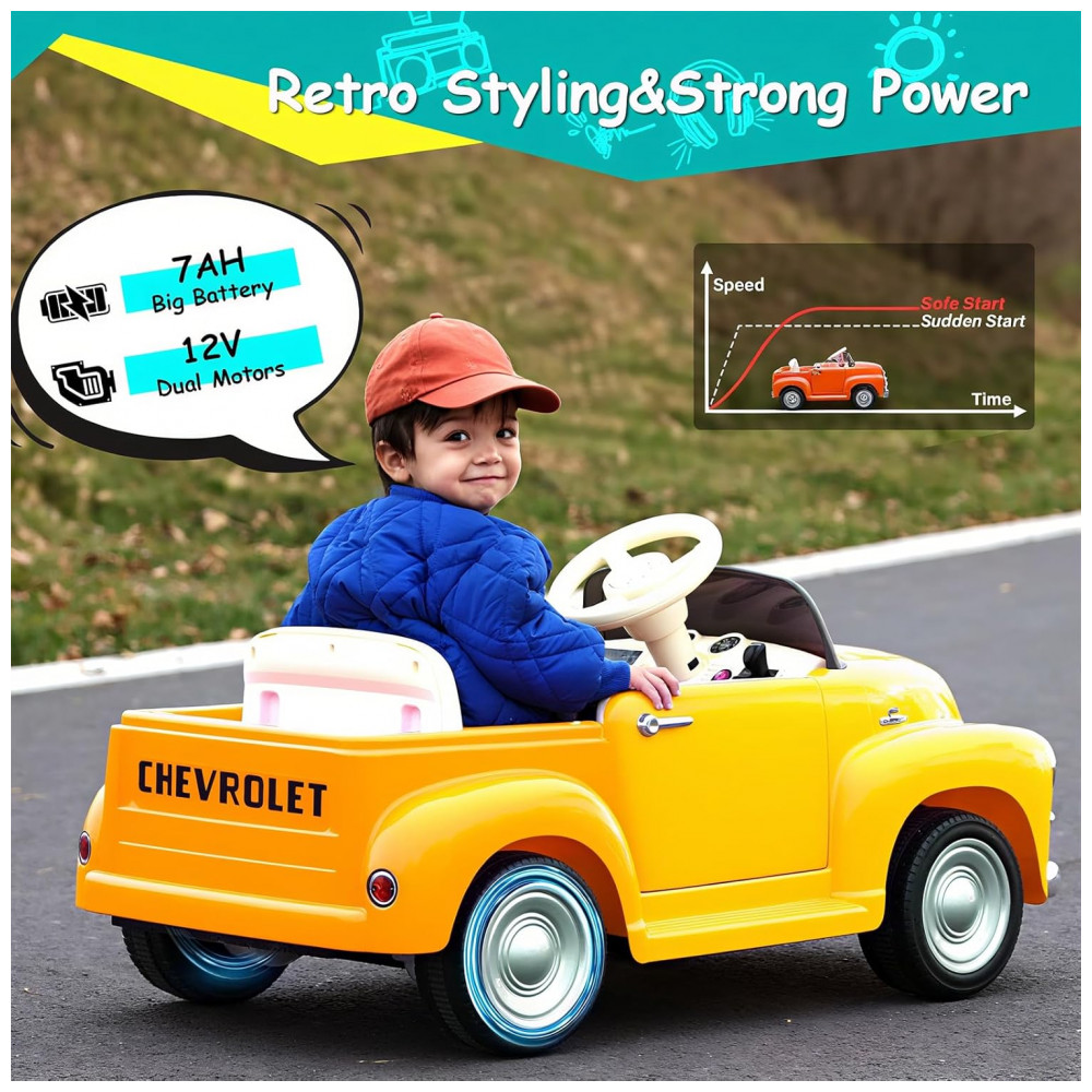 ECTQJX7RL8NC0B_4-1.jpg - Carro Elétrico Infantil Chevrolet 3100 Pickup Licenciado Joywhale 12V, 1 Lugar, 2 Motores, Controle Remoto, 3 Velocidades, Retrô, Amarelo