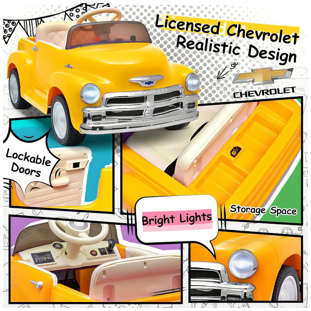 ECTQJX7RL8NC0B_6-1.jpg - Carro Elétrico Infantil Chevrolet 3100 Pickup Licenciado Joywhale 12V, 1 Lugar, 2 Motores, Controle Remoto, 3 Velocidades, Retrô, Amarelo