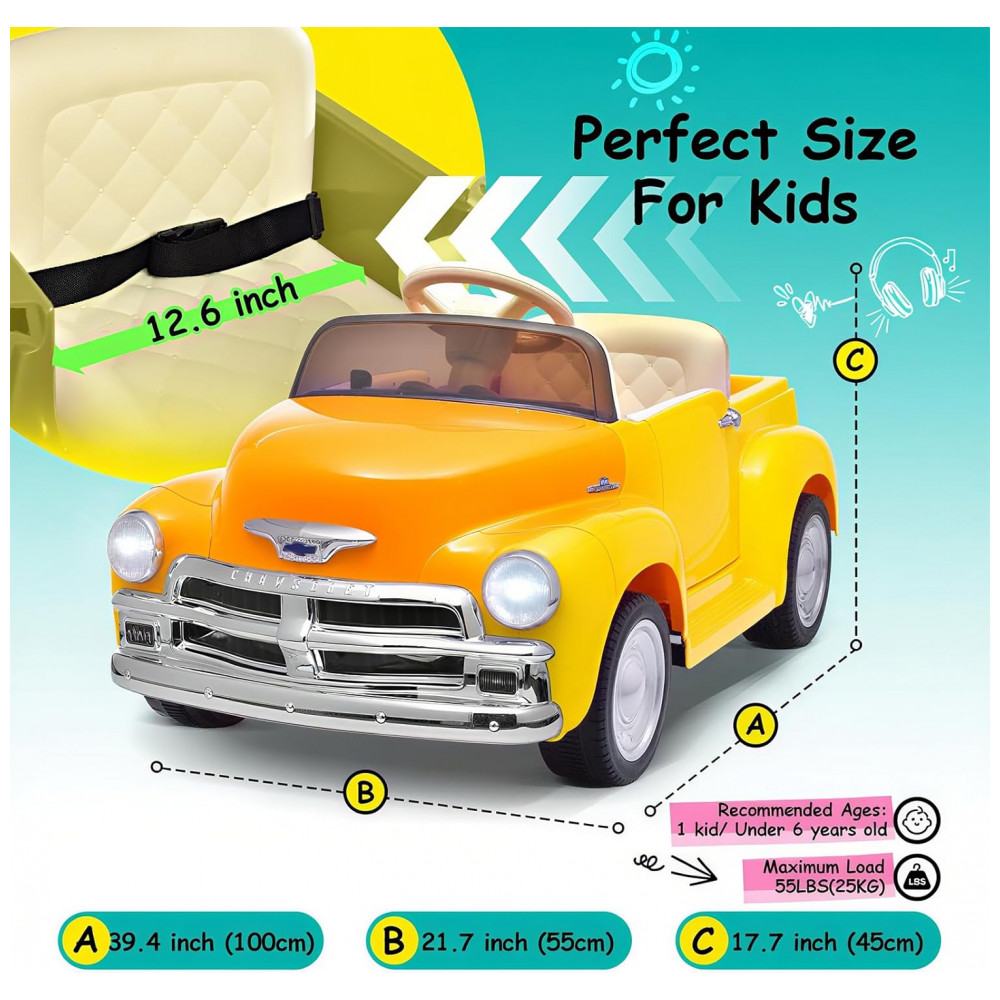 ECTQJX7RL8NC0B_7-1.jpg - Carro Elétrico Infantil Chevrolet 3100 Pickup Licenciado Joywhale 12V, 1 Lugar, 2 Motores, Controle Remoto, 3 Velocidades, Retrô, Amarelo