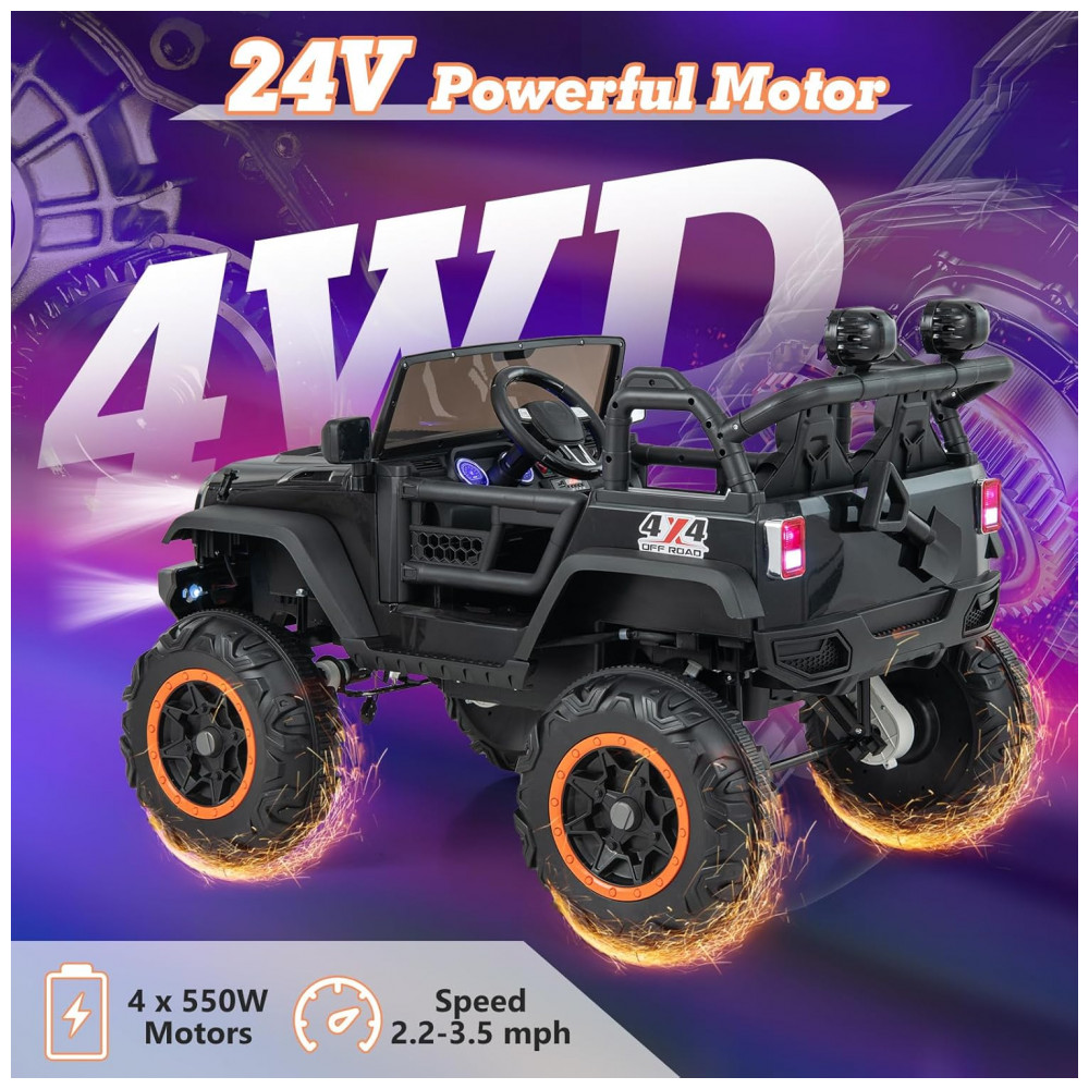 ECTQJXZSYBQC0B_1-1.jpg - Carro Elétrico Infantil 2 Lugares OLAKIDS Preto 24V 2WD/4WD Jeep 4x550W Controle Remoto LED Suspensão Música 20" Assento Duplo