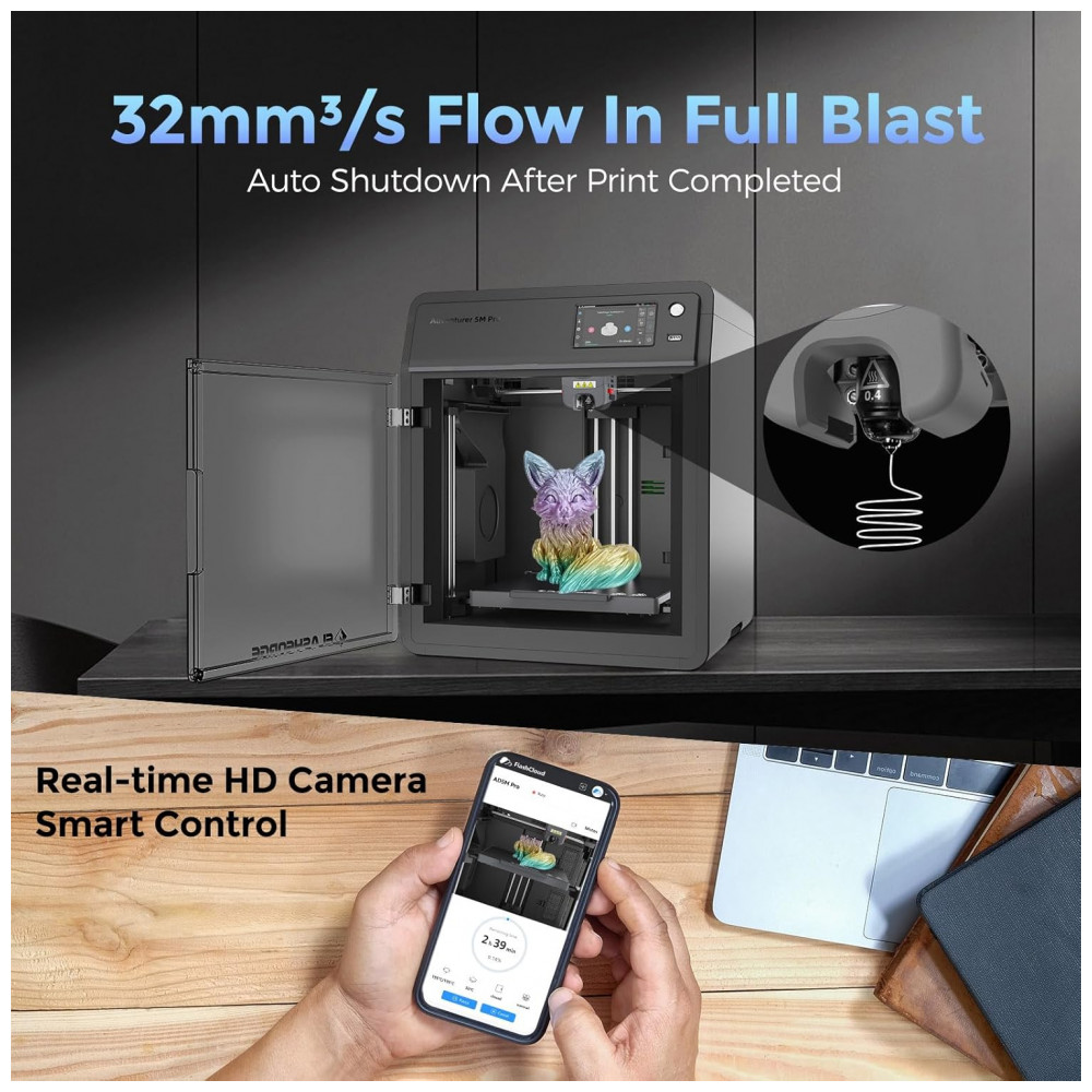 ECTQJYD2ZSPC0B_3-1.jpg - Impressora 3D FLASHFORGE Adventurer 5M Pro, Alta Velocidade de 600mm/s, Auto Nivelamento com Bico Removível Rápido a 280ºC, Estrutura Core XY, Sistema