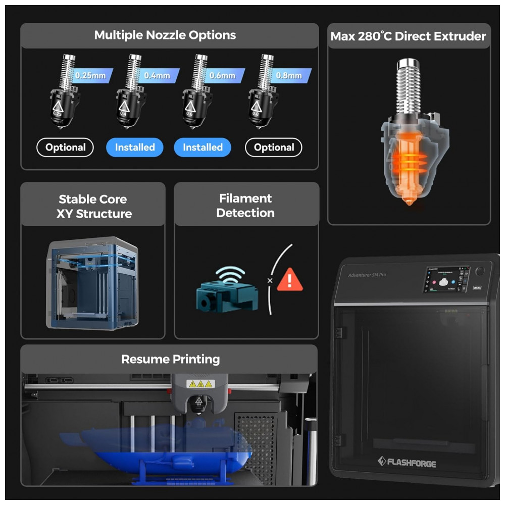 ECTQJYD2ZSPC0B_5-1.jpg - Impressora 3D FLASHFORGE Adventurer 5M Pro, Alta Velocidade de 600mm/s, Auto Nivelamento com Bico Removível Rápido a 280ºC, Estrutura Core XY, Sistema