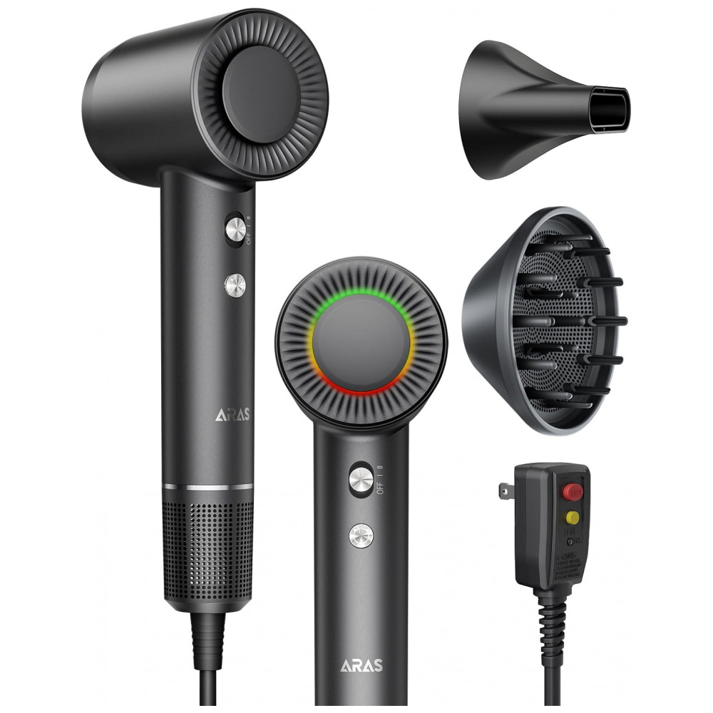 Secador de Cabelo ARAS, Tecnologia Iônica Negativa com Motor sem Escova de 160.000 RPM para Secagem Rápida, Baixo Ruído e Bocal Magnético - Preto