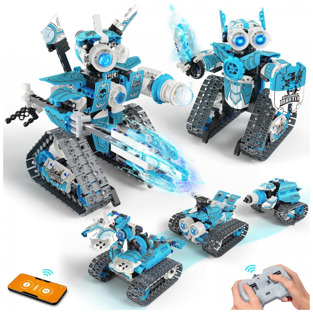 ECTQK44N85HD0B_0-1.jpg - Kit Educativo de Engenharia Azul e Branco – Opmind 5‑in‑1 STEM RC Robot Building Kit com 398 Peças e Controle App/Bluetooth