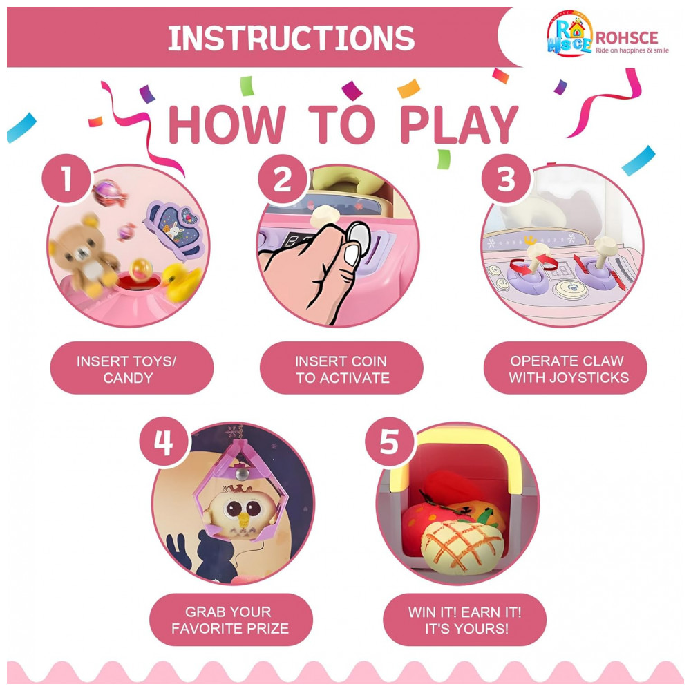 ECTQK7Q4KDRC0B_1-1.jpg - ROHSCE Máquina de Garra Mini Arcade Rosa, Brinquedo Elétrico para Crianças com LED e Som Ajustável, Idade 6-12 Anos