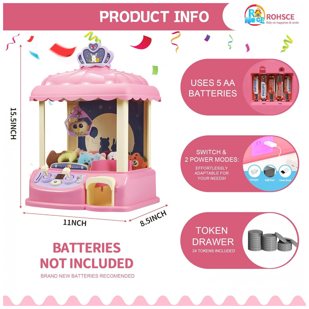 ECTQK7Q4KDRC0B_3-1.jpg - ROHSCE Máquina de Garra Mini Arcade Rosa Brinquedo Elétrico para Crianças com LED e Som Ajustável Idade 6-12 Anos