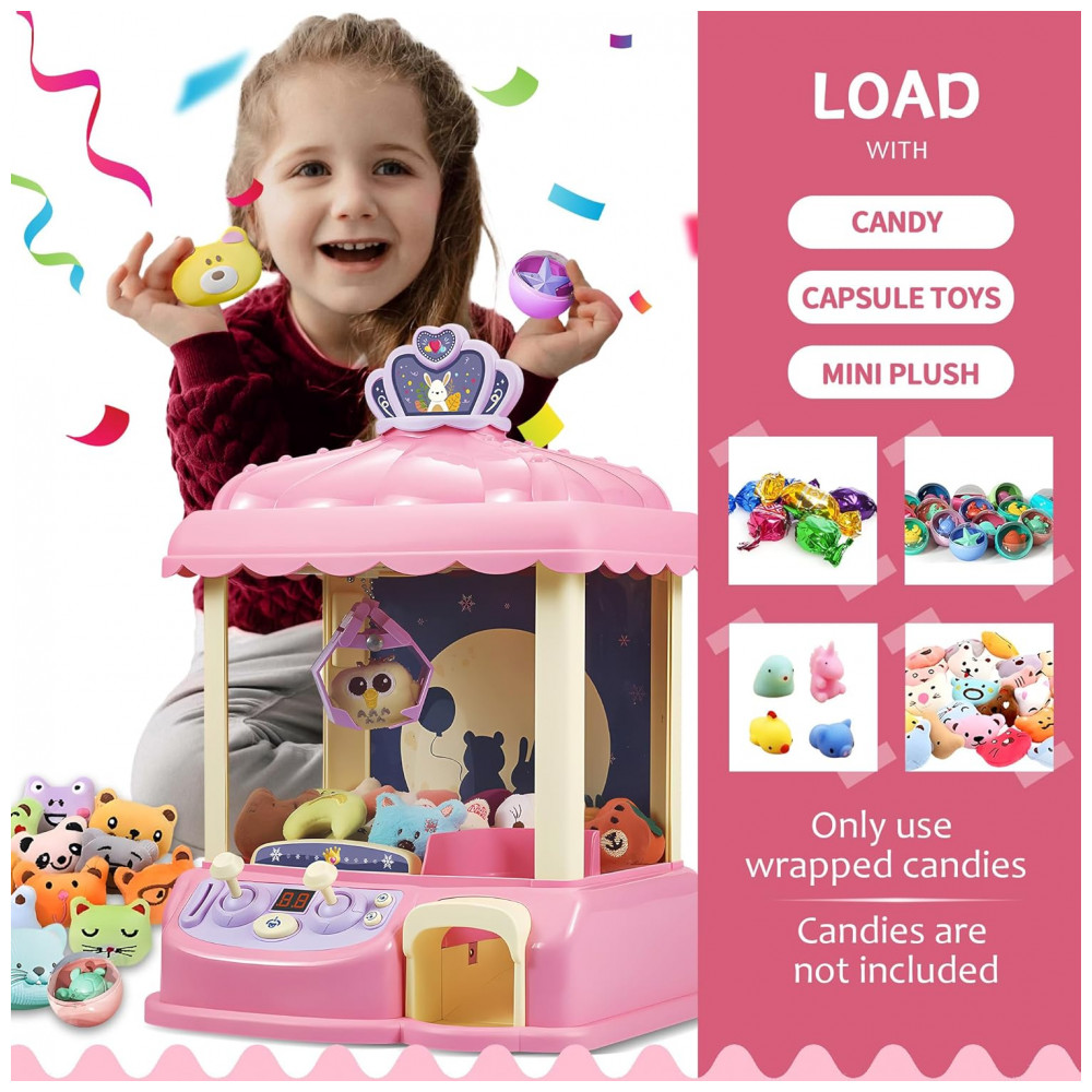 ECTQK7Q4KDRC0B_4-1.jpg - ROHSCE Máquina de Garra Mini Arcade Rosa Brinquedo Elétrico para Crianças com LED e Som Ajustável Idade 6-12 Anos