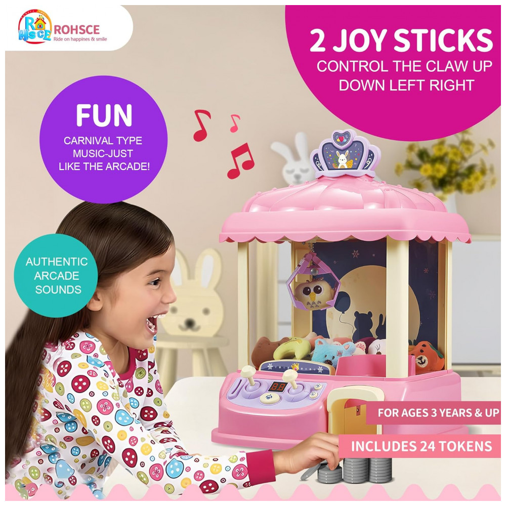ECTQK7Q4KDRC0B_6-1.jpg - ROHSCE Máquina de Garra Mini Arcade Rosa Brinquedo Elétrico para Crianças com LED e Som Ajustável Idade 6-12 Anos