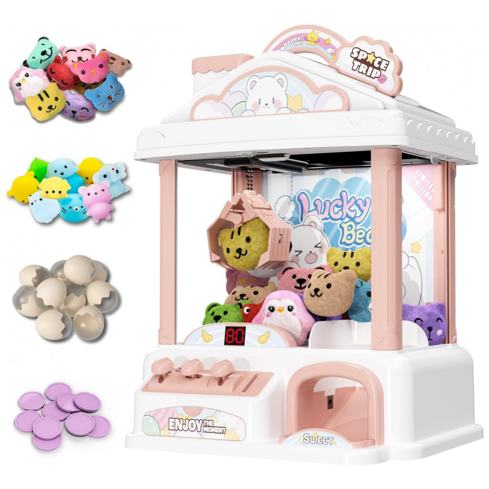 ECTQK9W6PP6F0B_0-1.jpg - Máquina de Garra Rosa e Branca Snow Hut – Mini Arcade Infantil com 10 Cápsulas, 10 Pelúcias, Som e Brinquedos