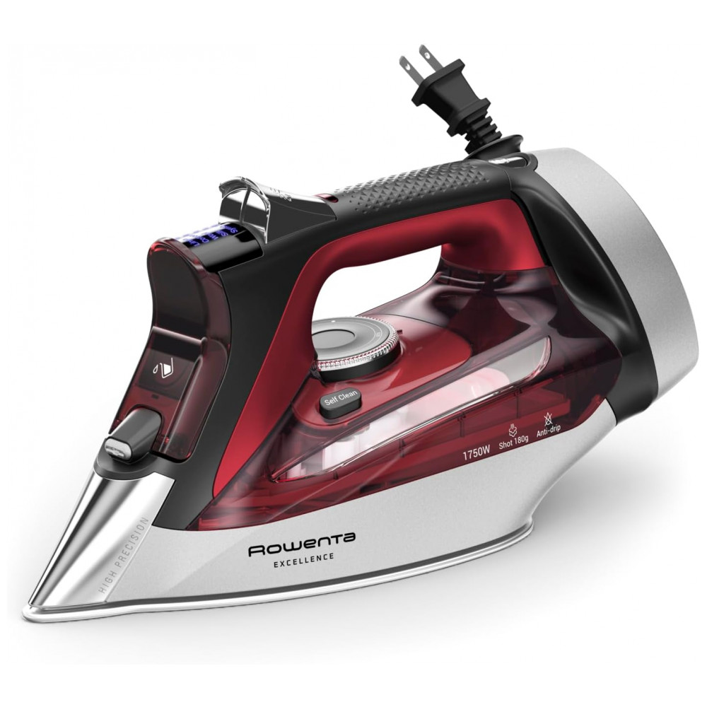 ECTQKN1TGH1F0B_0-1.jpg - Ferro Rowenta, Focus Excellence de Aço Inoxidável com Base a Vapor para Roupas, Cabo Retrátil, 400 Furos de Microvapor, Vapor Potente, Display LED,