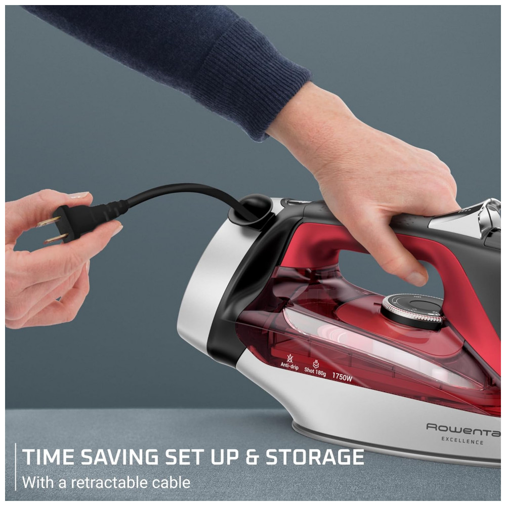 ECTQKN1TGH1F0B_1-1.jpg - Ferro Rowenta, Focus Excellence de Aço Inoxidável com Base a Vapor para Roupas, Cabo Retrátil, 400 Furos de Microvapor, Vapor Potente, Display LED,
