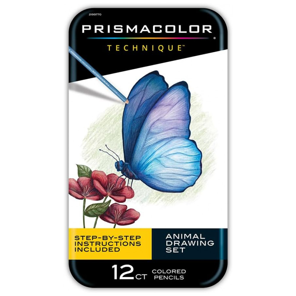 Conjunto Prismacolor para Desenho de Animais com lápis de cor, inclui tutoriais passo a passo e 12 cores sortidas de borboleta
