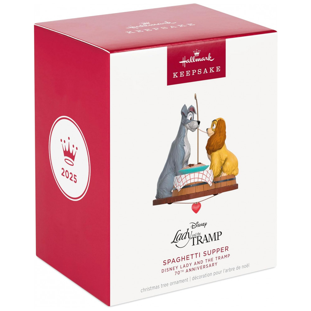 ECTQKSXW93RD0B_6-1.jpg - Enfeite de Natal Hallmark Keepsake 2025, Disney A Dama e o Vagabundo 70º Aniversário Jantar de Espaguete
