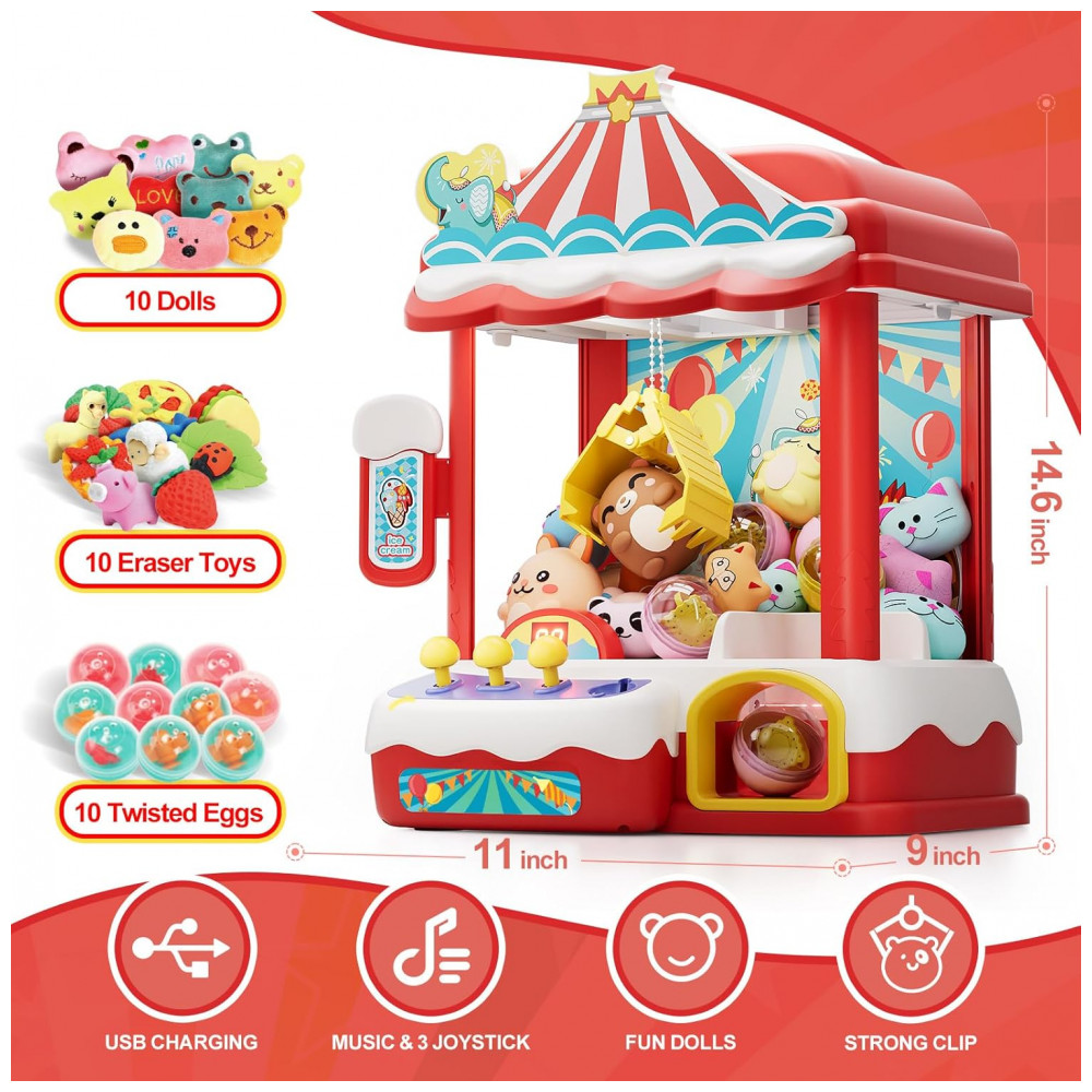 ECTQKV9LWGZD0B_1-1.jpg - Máquina de Garra Vermelha Skirfy – Mini Arcade Infantil com 30 Mini Prêmios, Luzes LED, Som e Controle de Alta Precisão