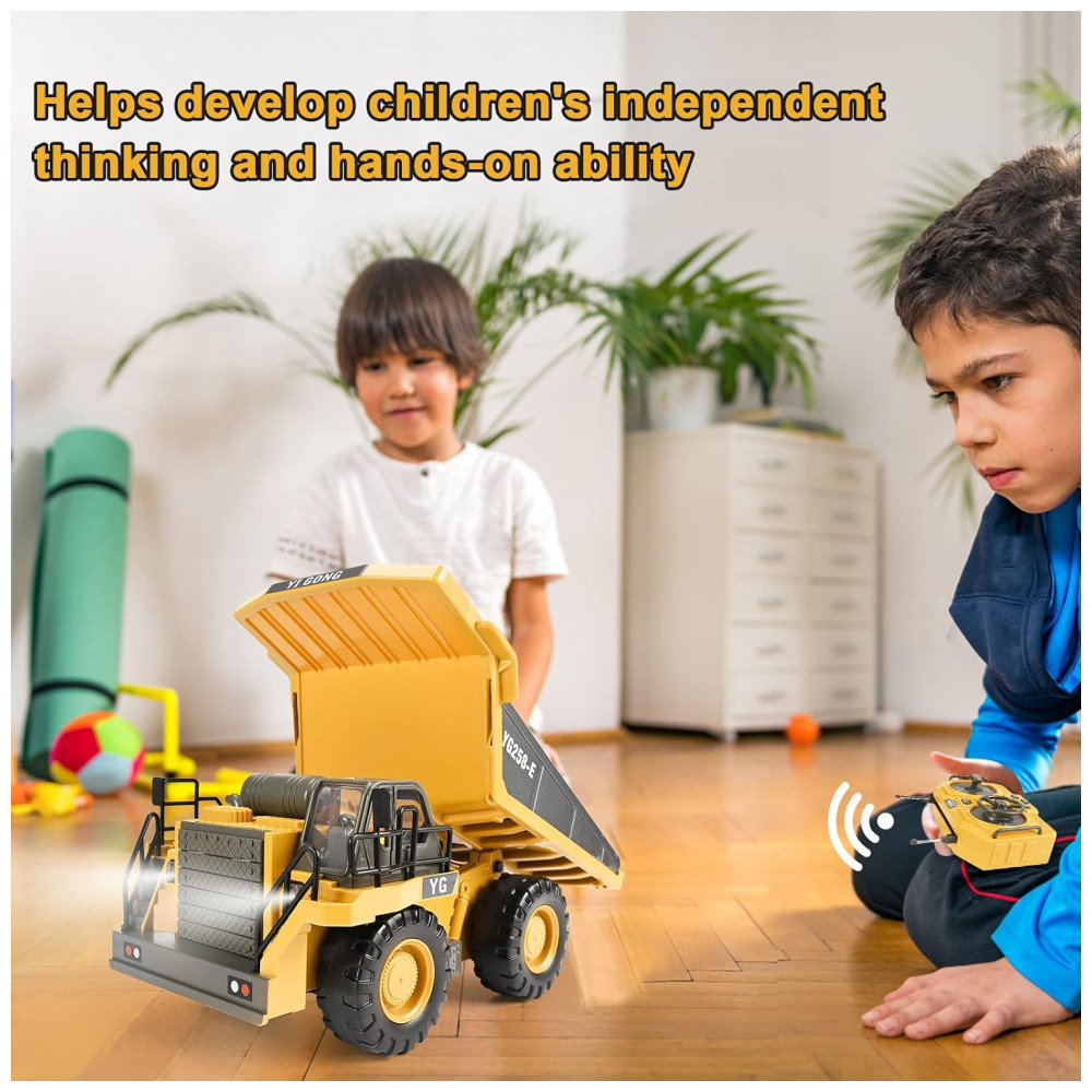 ECTQKWBWVYBB0B_5-1.jpg - Caminhão Basculante de Controle Remoto 9 Canais 2 Baterias Brinquedo de Construção RC com Cama de Metal, Luzes e Sons, KidsFaves