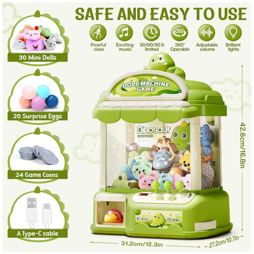 ECTQKYL2845F0B_1-1.jpg - Máquina de Garra Verde MIAOKE – Mini Arcade Infantil com 30 Prêmios, 20 Ovos‑Surpresa, Luzes LED e Música Ajustável