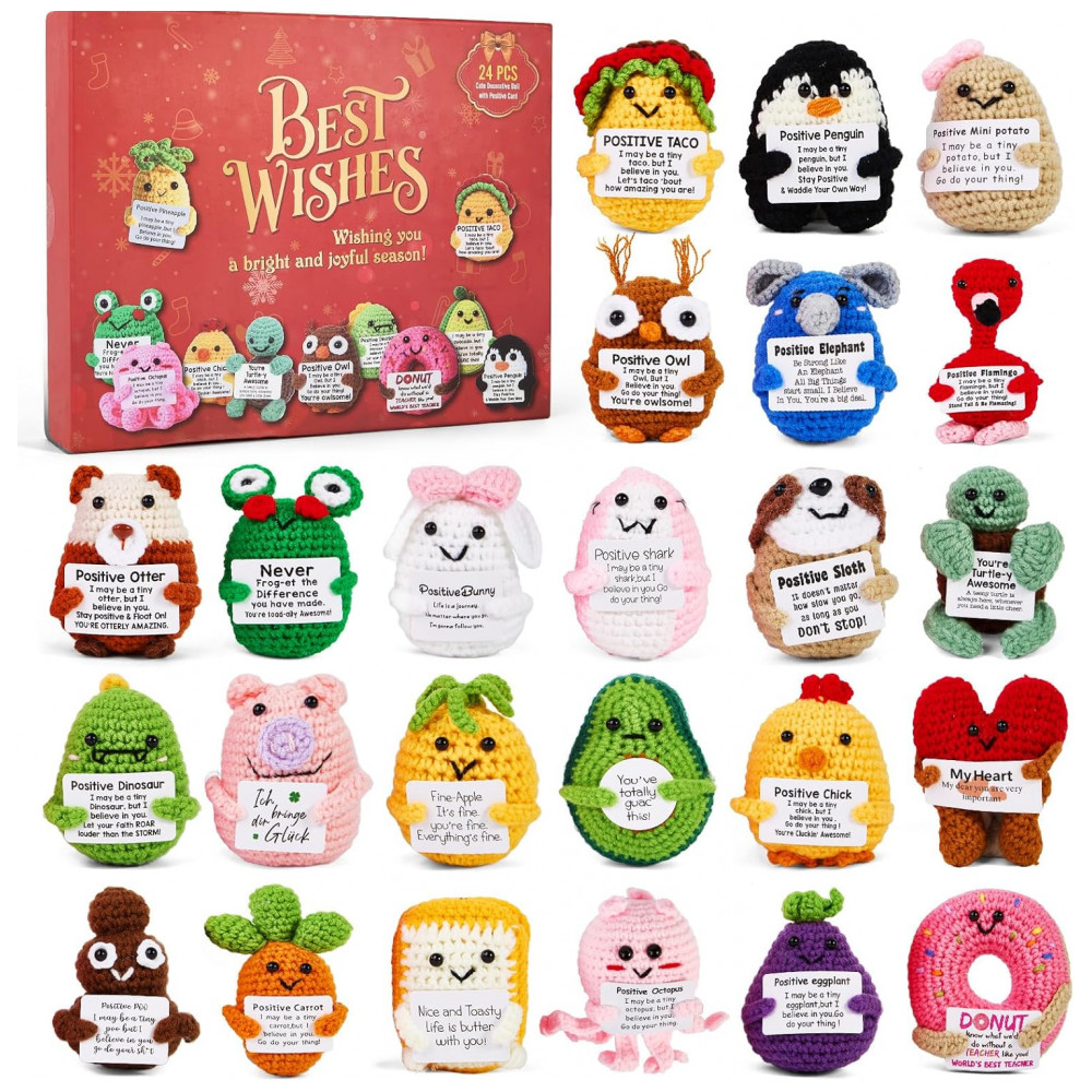 Calendário do Advento 2025, 24 Dias de Animais de Crochê Positivos - Calendário de Natal Para Crianças, Adolescentes e Adultos, GODELAIF,