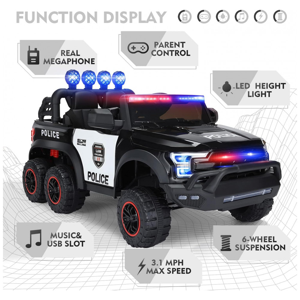 ECTQL15Q2HHF0B_1-1.jpg - Carrinho Elétrico Infantil Policial 6 Rodas, 12V, 7Ah, Controle Remoto, Porta-Malas, Luzes LED, Sirene, Intercom, 3 Velocidades, Suspensão Joyldias