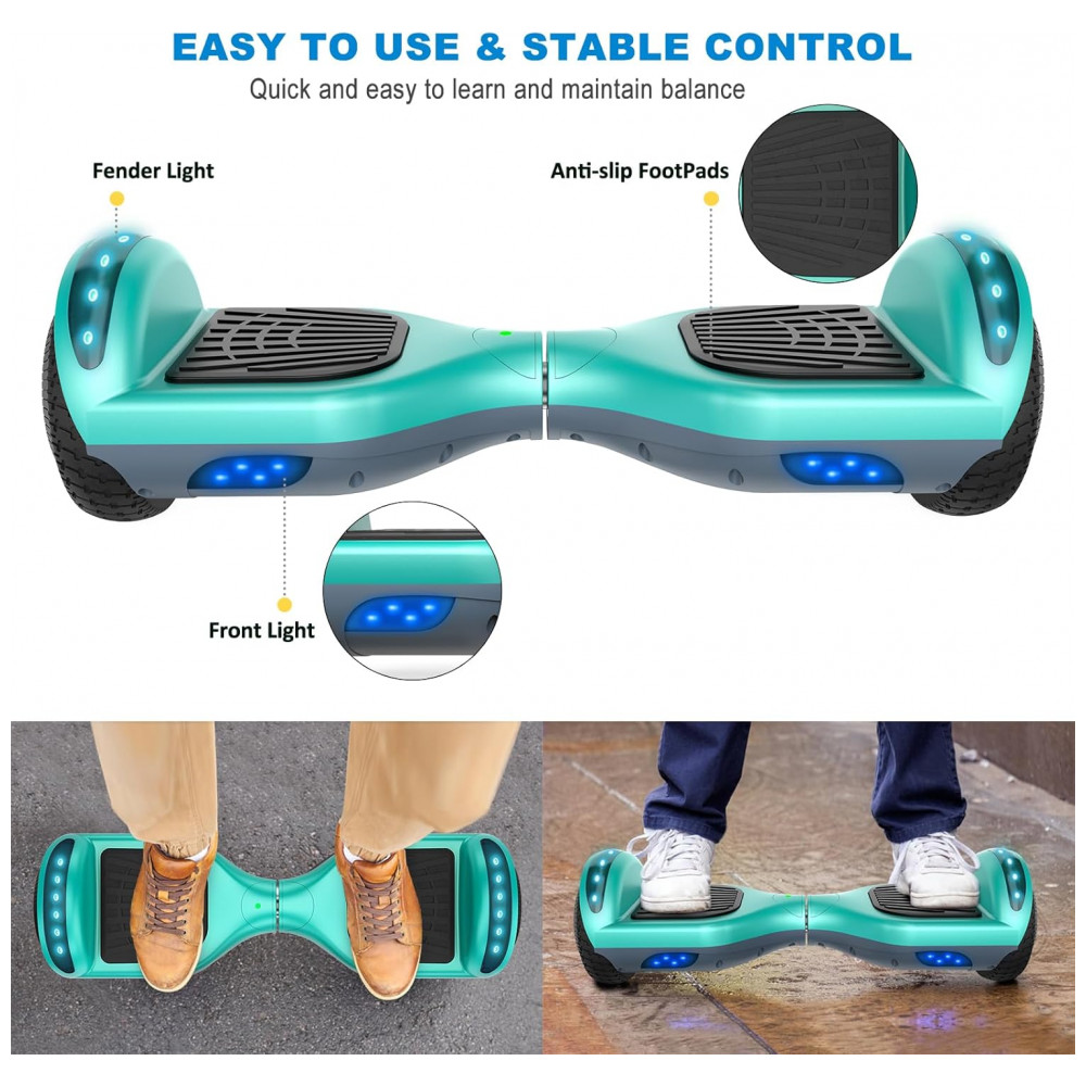 ECTQL4VB3YF80B_3-1.jpg - Hoverboard Elétrico Verde-Água 6,5”, Autoequilibrado, Bluetooth, LED, Motor 350W, Alcance 16 km, Velocidade 16 km/h