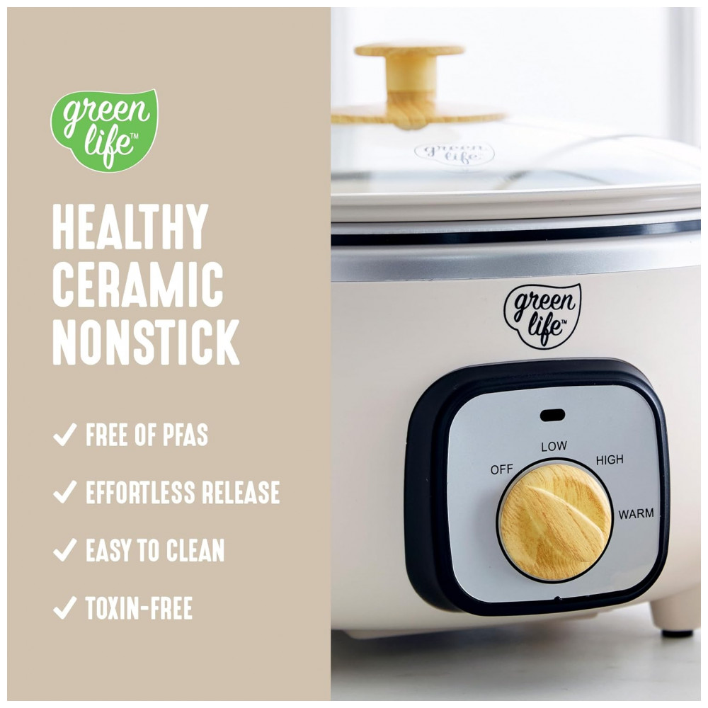 ECTQL68MN5VD0B_1-1.jpg - Panela de Cozimento Lento GreenLife 3,31 litros, Revestimento Cerâmico Antiaderente Livre de PFAS, Tigela Interna Removível, Programável, Manter Quente,