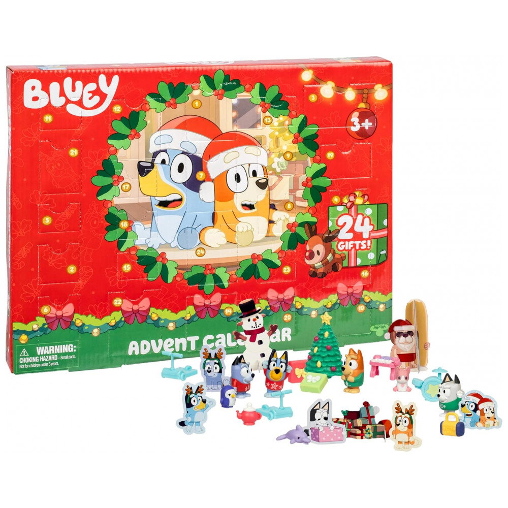 Calendário do Advento de Natal Mini Figuras Bluey, 24 Dias de Contagem Regressiva com Bingo Festivo, Muffin e Meias, para Idades a partir de 3 Anos