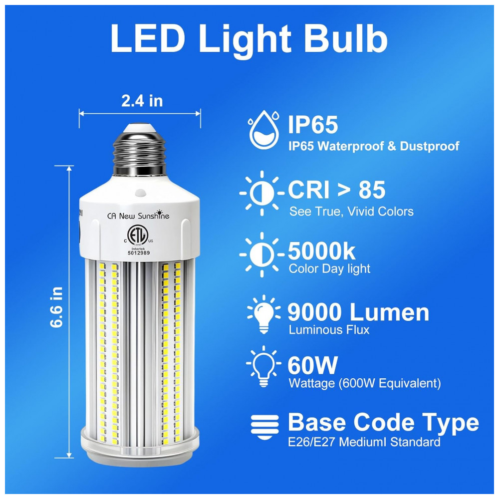 ECTQL92FLCLF0B_1-1.jpg - Lâmpada LED de Milho Equivalente a 600W, Kit com 2 Unidades de 60W 9000LM 5000K Branco Dia, Base E26E27, Alta Luminosidade para Garagem, Porão, Armazé