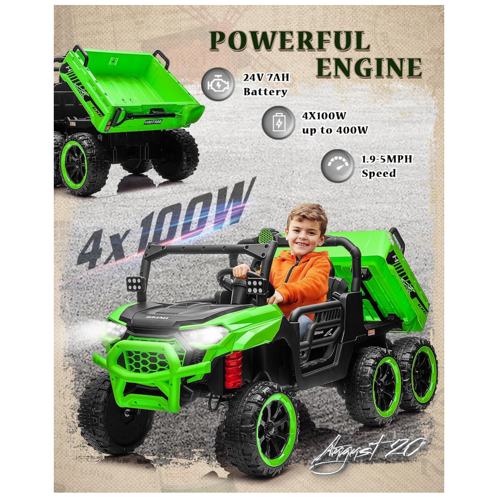 ECTQLB4JJCGF0B_1-1.jpg - Caminhão Basculante Infantil Letsgoride Verde 24V 2 Lugares 4 Motores 100W Caçamba Automática 4WD Bluetooth Música LED 6 Rodas