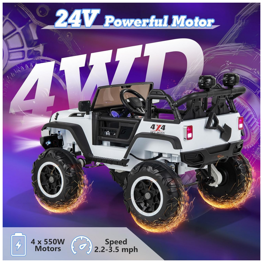ECTQLBX427KD0B_1-1.jpg - Carro Elétrico Infantil 2 Lugares OLAKIDS Branco 24V 2WD/4WD Jeep 4x550W Controle Remoto LED Suspensão Música 20" Assento Duplo