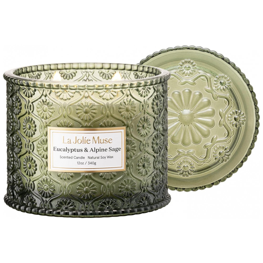 Vela de Soja Eucalipto e Sálvia da LA JOLIE MUSE - 340g, 2 Pavios, 60 Horas de Queima Limpa - Presente Aromaterapêutico para Anfitriões e Reuniões