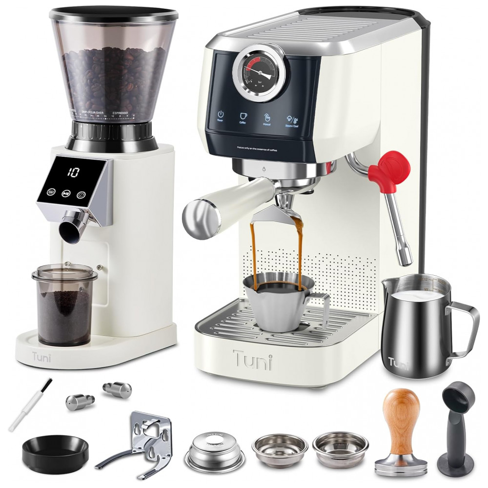 ECTQLM6ZWDYD0B_0-1.jpg - Combo Máquina de Espresso 20 Bar 58mm, Dupla Caldeira, Moedor Cônico 48 Níveis, Kit Profissional, Tuni, Creme, 110V