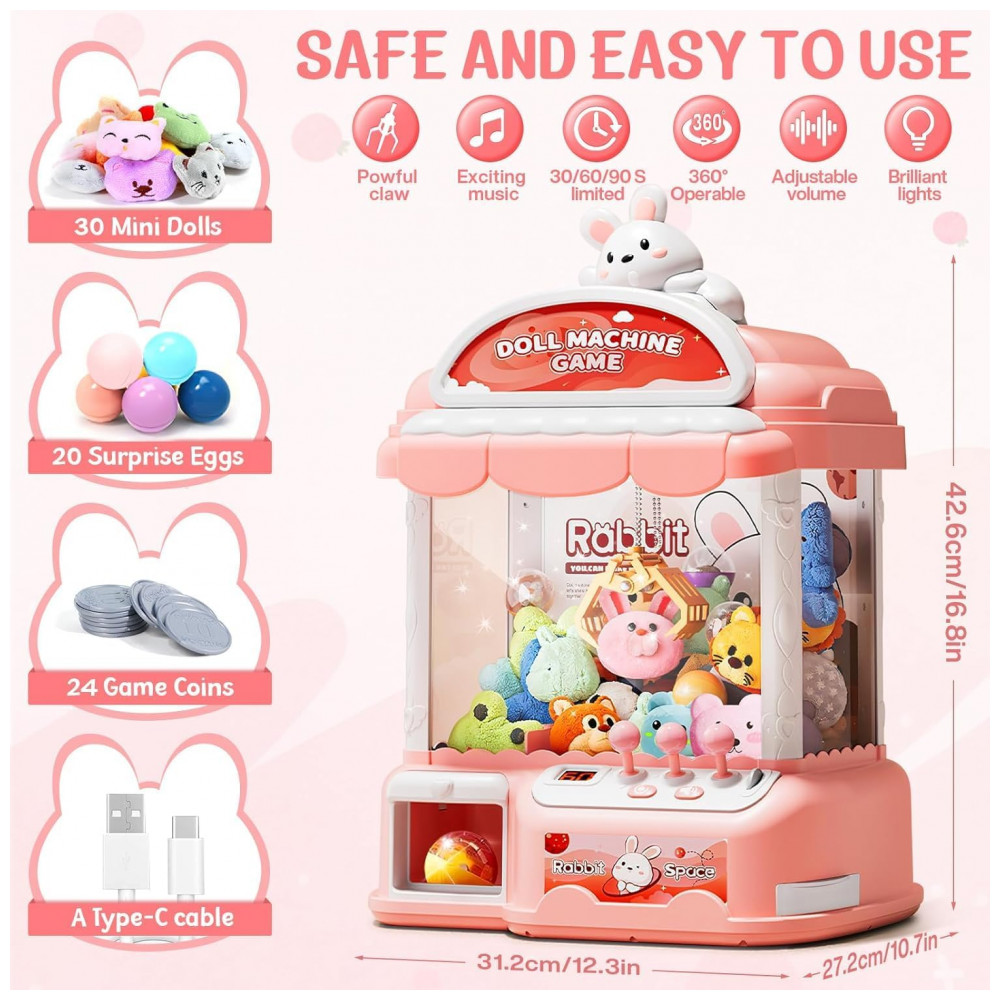 ECTQLPR8945F0B_1-1.jpg - Máquina de Garra Rosa MIAOKE Large Claw Machine – Mini Arcade Infantil com 30 Prêmios, 24 Moedas, Luzes LED e Som Ajustável