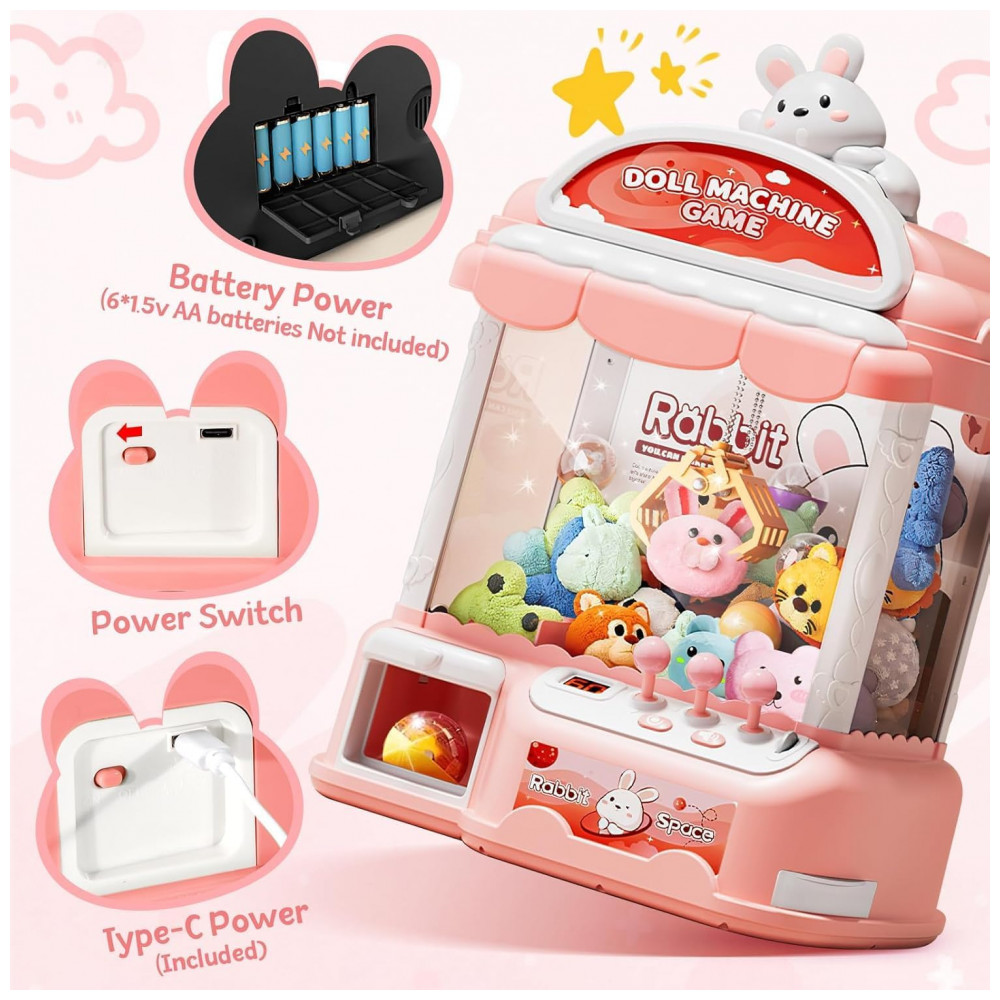 ECTQLPR8945F0B_5-1.jpg - Máquina de Garra Rosa MIAOKE Large Claw Machine – Mini Arcade Infantil com 30 Prêmios 24 Moedas Luzes LED e Som Ajustável