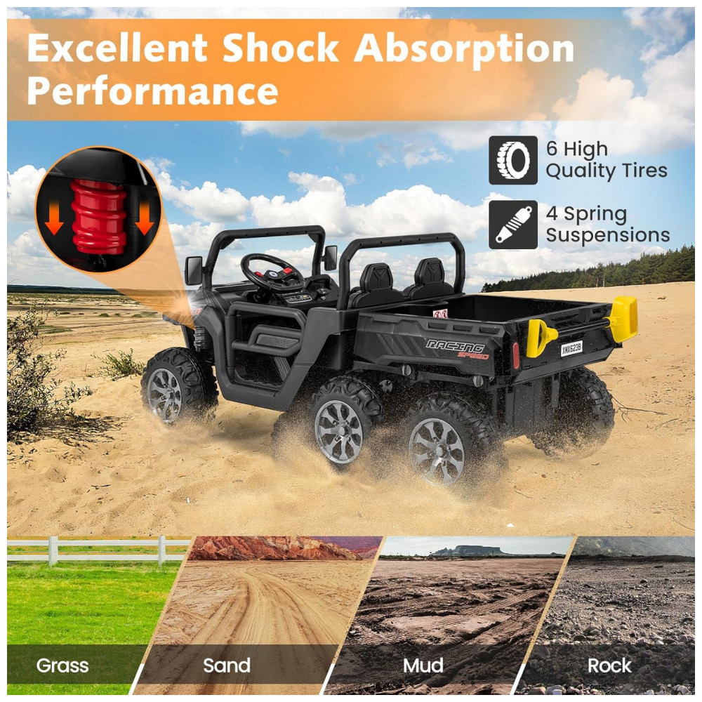 ECTQLRY2M13D0B_1-1.jpg - Caminhão Basculante Elétrico Infantil OLAKIDS Preto 24V 2 Lugares 4WD 6x6 Caçamba Elétrica Suspensão Controle Remoto 4x90W